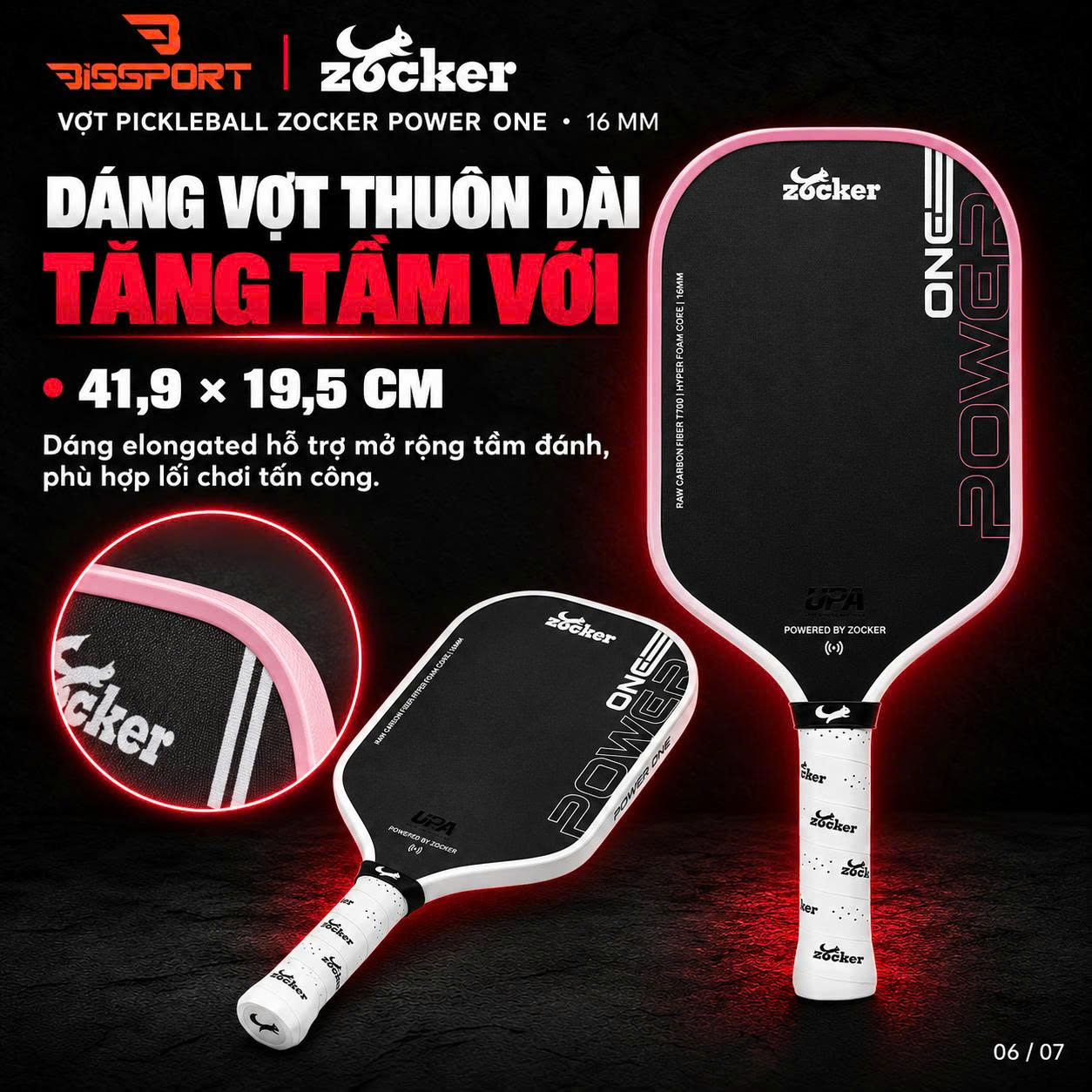 Vợt Pickleball Zocker Power One 16mm Chính Hãng - Màu Trắng - Lõi Foam - Mặt Carbon T700 Nhám Trợ Lực Tốt - Tạo Xoáy